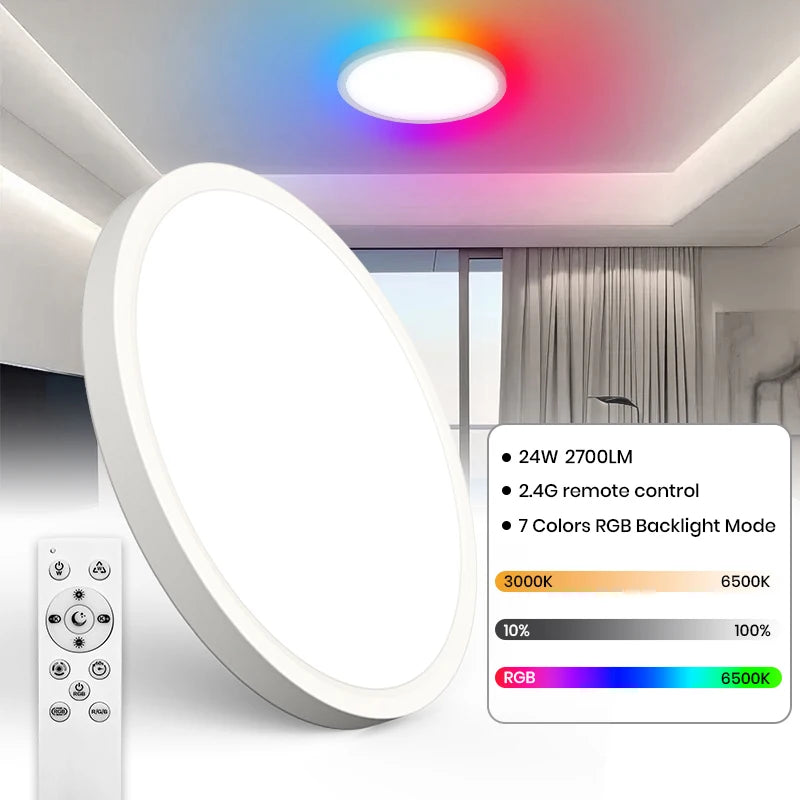 Lámpara de techo RGB ultra fina 24W – dimmer sin escalones, 3000-6500K