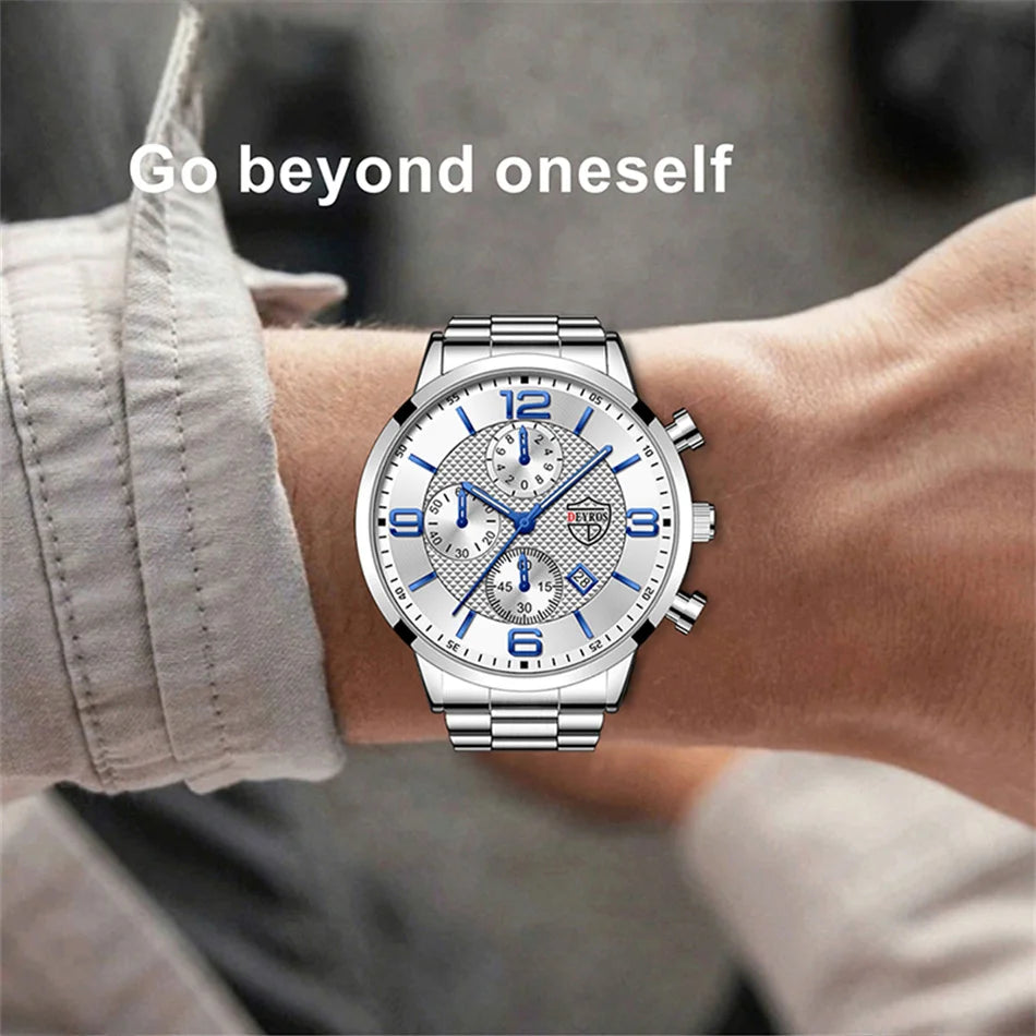Reloj de lujo hombre – acero inoxidable, cuarzo, calendario y cuero
