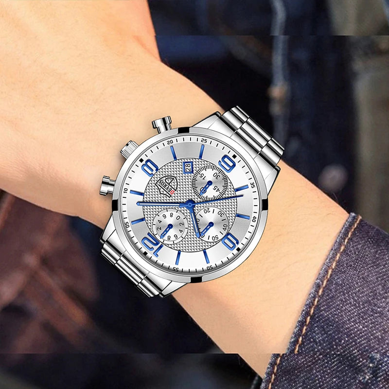 Reloj de lujo hombre – acero inoxidable, cuarzo, calendario y cuero