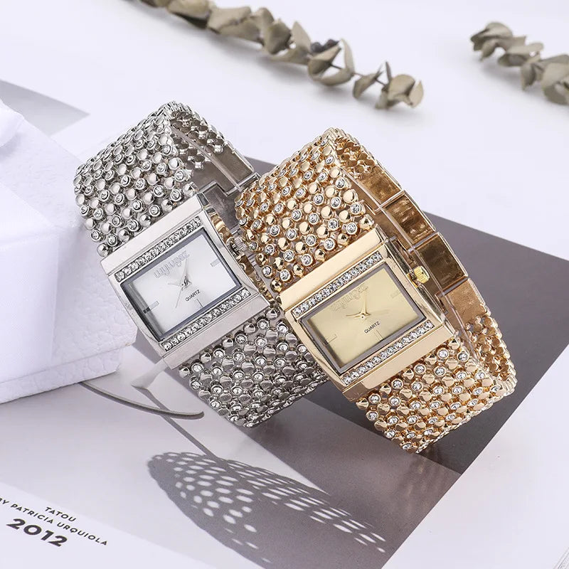 Reloj mujer elegante – esfera cuadrada con cristales y acero inoxidable