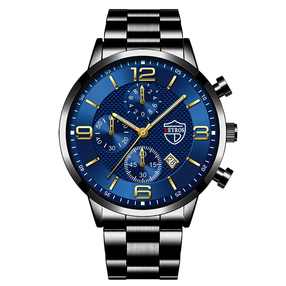 Reloj de lujo hombre – acero inoxidable, cuarzo, calendario y cuero