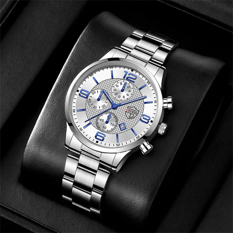 Reloj de lujo hombre – acero inoxidable, cuarzo, calendario y cuero
