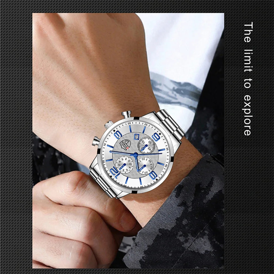Reloj de lujo hombre – acero inoxidable, cuarzo, calendario y cuero