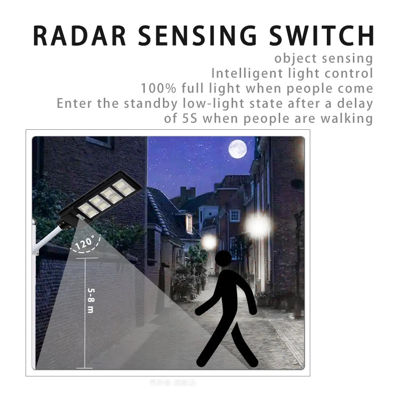 Luz solar LED para calle – alta potencia 200W-300W, sensor radar y control automático