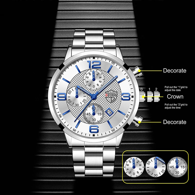 Reloj de lujo hombre – acero inoxidable, cuarzo, calendario y cuero