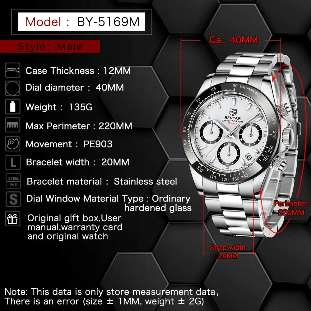 Reloj BENYAR para hombre – cronógrafo deportivo de lujo, resistente al agua y acero inoxidable