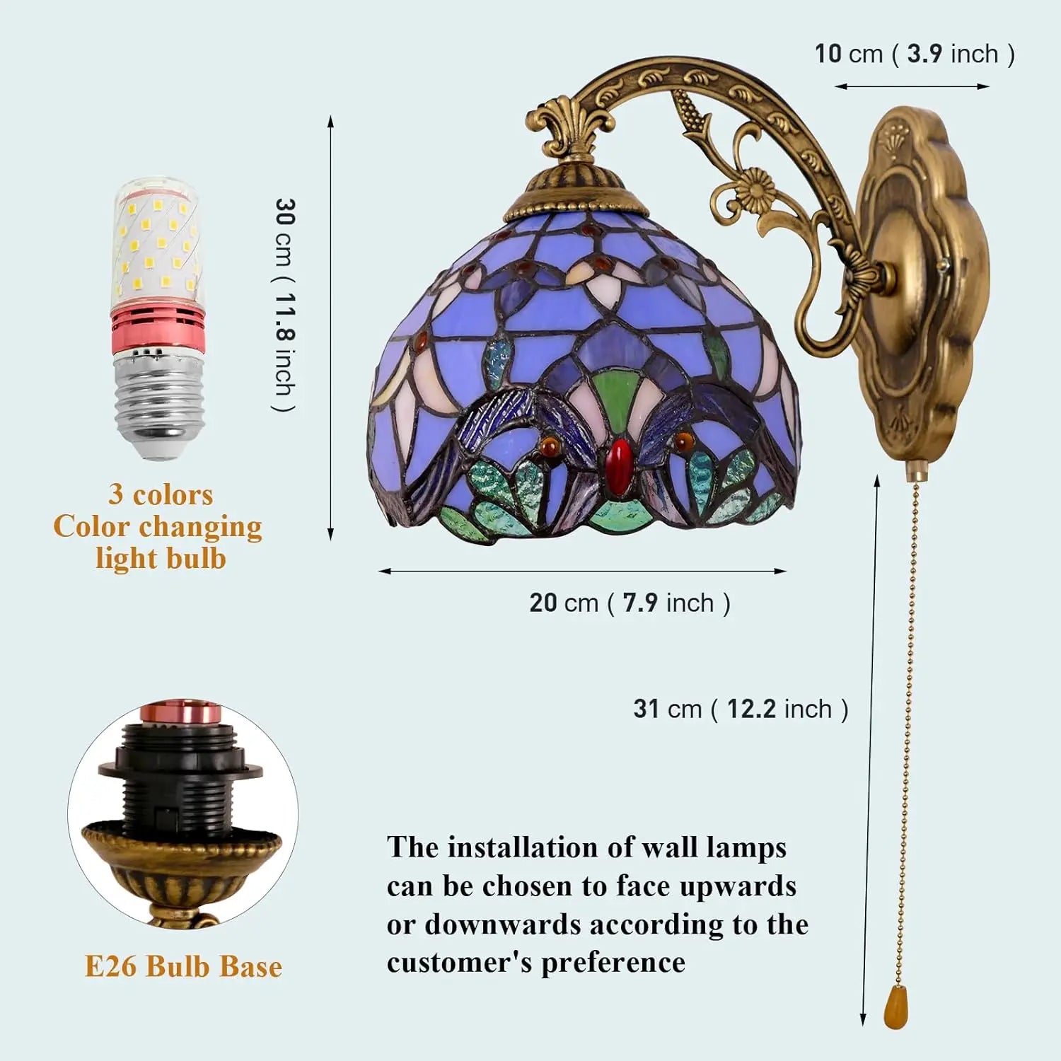 Aplique de pared estilo Tiffany – pantalla de vidrio azul barroco para escaleras