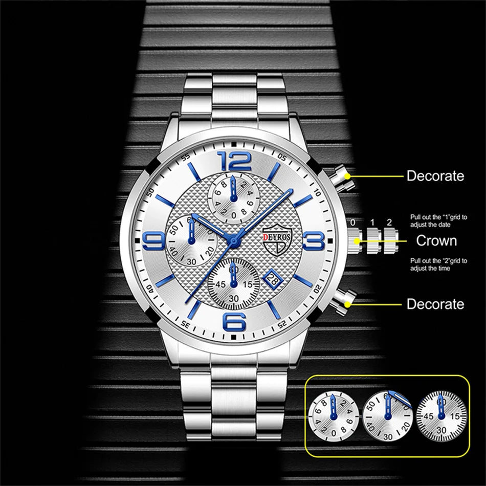 Reloj de lujo hombre – acero inoxidable, cuarzo, calendario y cuero