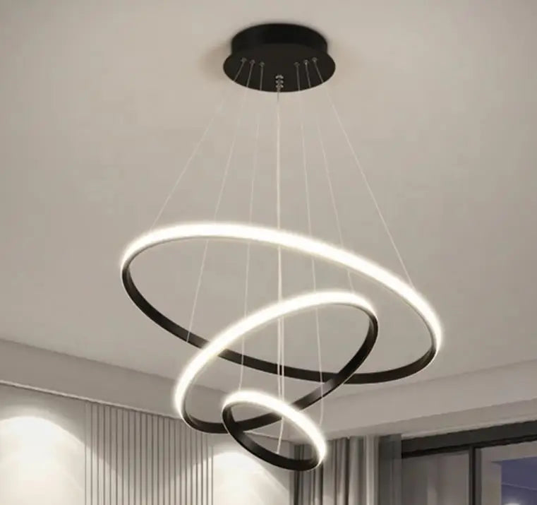 Lámpara colgante negra decorativa – anillo circular LED para salón y restaurante