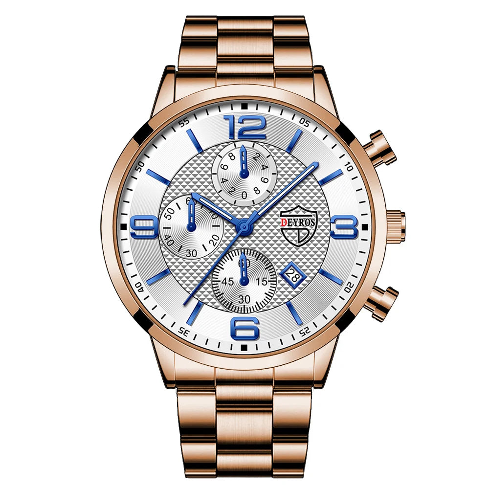 Reloj de lujo hombre – acero inoxidable, cuarzo, calendario y cuero