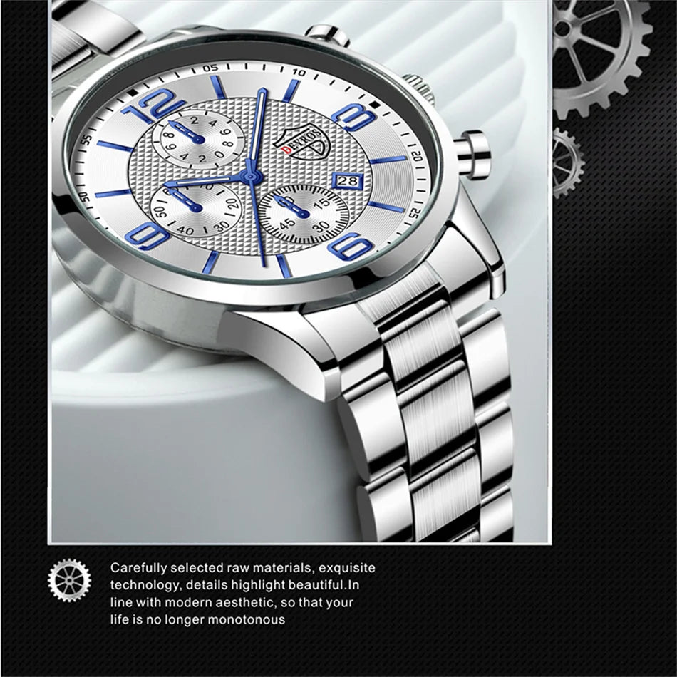 Reloj de lujo hombre – acero inoxidable, cuarzo, calendario y cuero