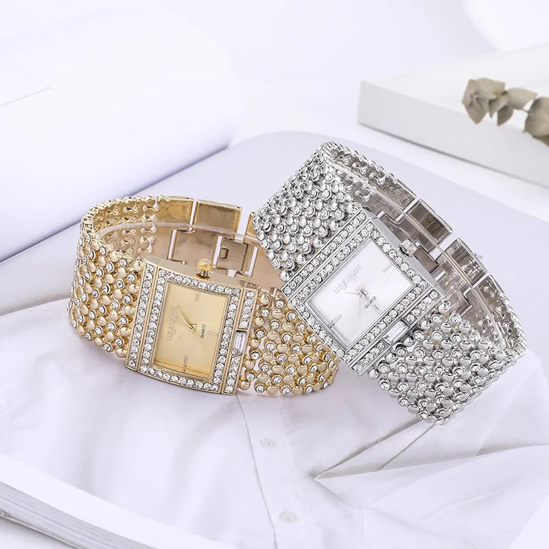 Reloj mujer elegante – esfera cuadrada con cristales y acero inoxidable