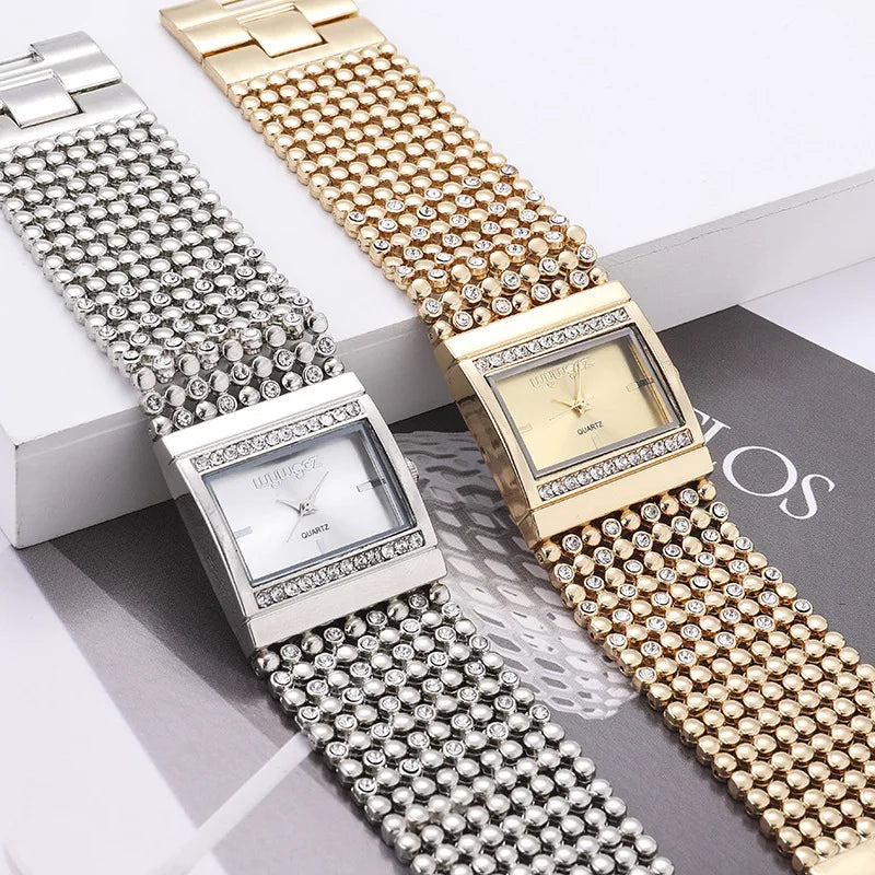 Reloj mujer elegante – esfera cuadrada con cristales y acero inoxidable