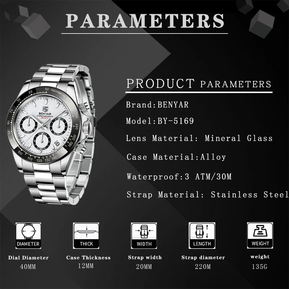 Reloj BENYAR para hombre – cronógrafo deportivo de lujo, resistente al agua y acero inoxidable