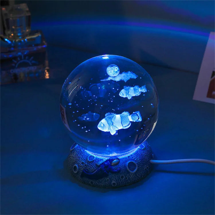 Lámpara 3D de medusa, delfín y más – bola de cristal con base de madera y luz USB