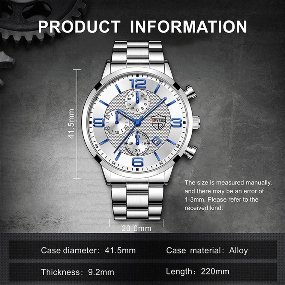Reloj de lujo hombre – acero inoxidable, cuarzo, calendario y cuero