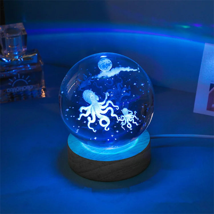 Lámpara 3D de medusa, delfín y más – bola de cristal con base de madera y luz USB
