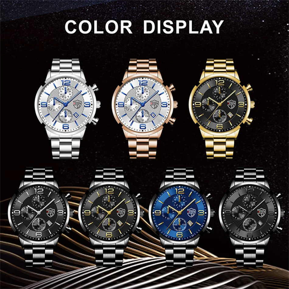 Reloj de lujo hombre – acero inoxidable, cuarzo, calendario y cuero