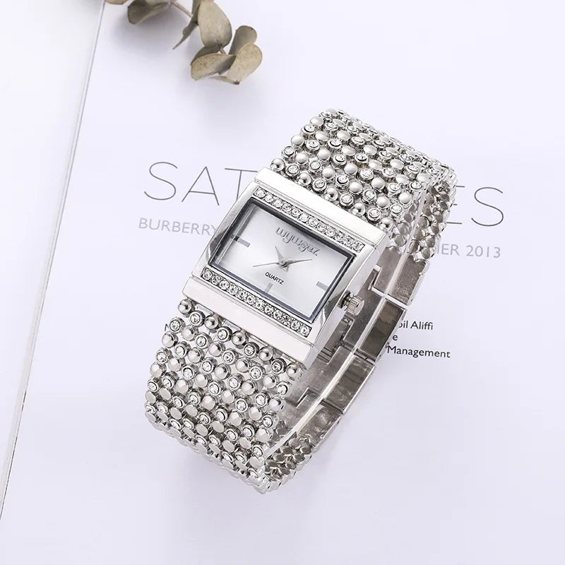 Reloj mujer elegante – esfera cuadrada con cristales y acero inoxidable