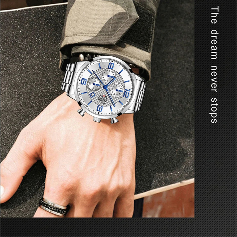 Reloj de lujo hombre – acero inoxidable, cuarzo, calendario y cuero