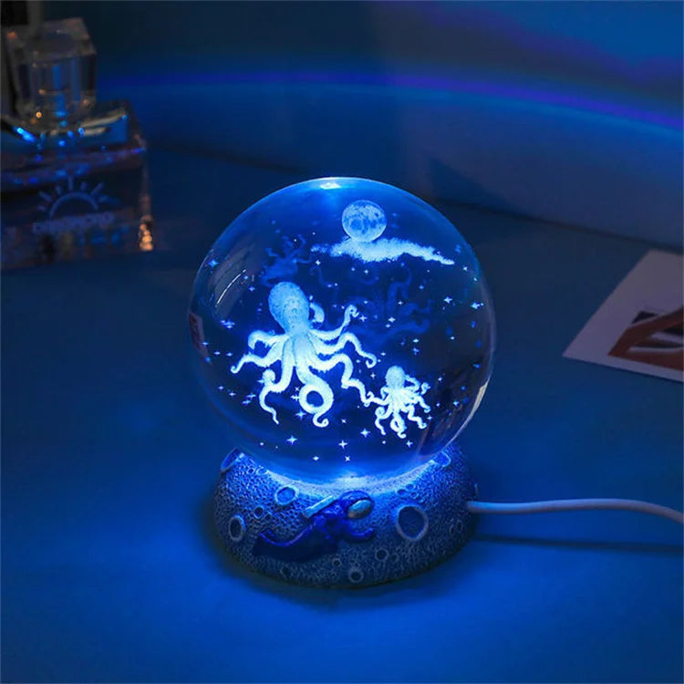 Lámpara 3D de medusa, delfín y más – bola de cristal con base de madera y luz USB