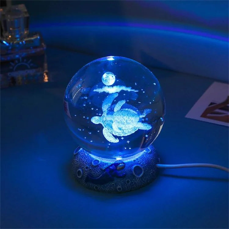 Lámpara 3D de medusa, delfín y más – bola de cristal con base de madera y luz USB