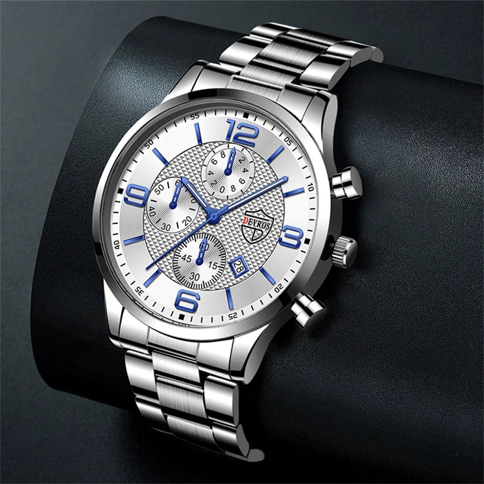 Reloj de lujo hombre – acero inoxidable, cuarzo, calendario y cuero