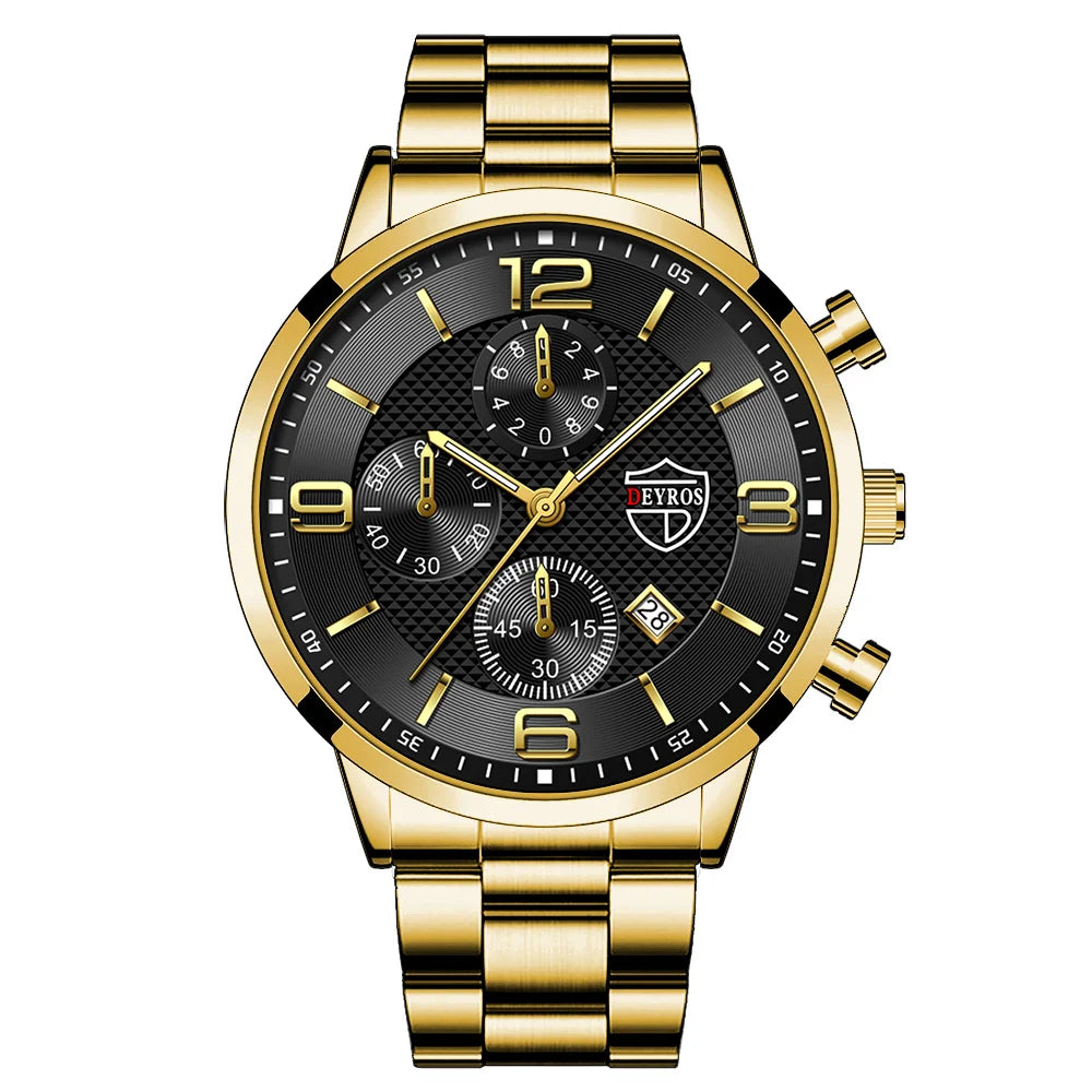 Reloj de lujo hombre – acero inoxidable, cuarzo, calendario y cuero