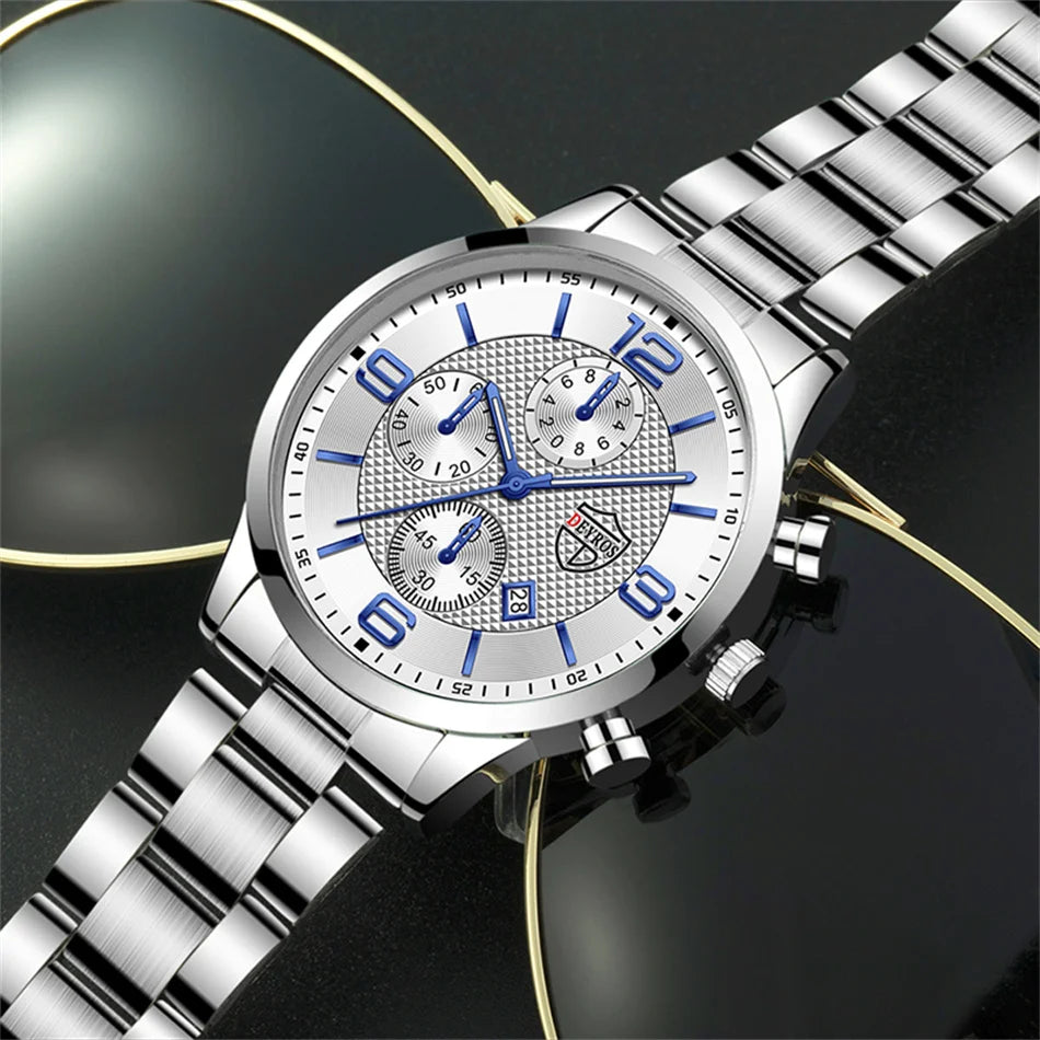Reloj de lujo hombre – acero inoxidable, cuarzo, calendario y cuero
