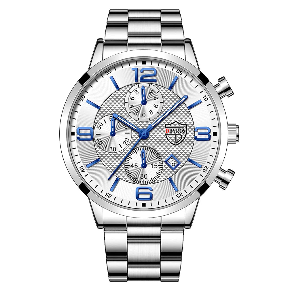 Reloj de lujo hombre – acero inoxidable, cuarzo, calendario y cuero