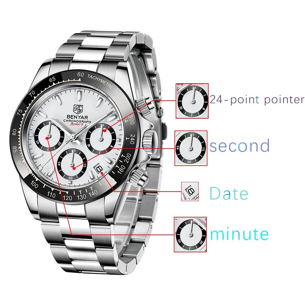 Reloj BENYAR para hombre – cronógrafo deportivo de lujo, resistente al agua y acero inoxidable
