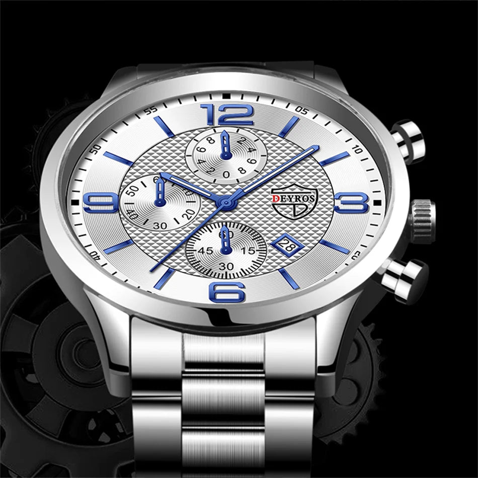 Reloj de lujo hombre – acero inoxidable, cuarzo, calendario y cuero