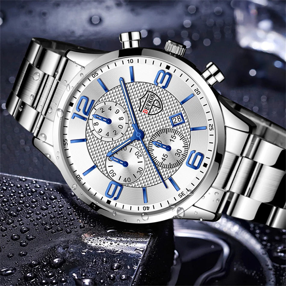 Reloj de lujo hombre – acero inoxidable, cuarzo, calendario y cuero