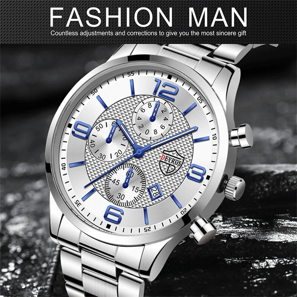 Reloj de lujo hombre – acero inoxidable, cuarzo, calendario y cuero