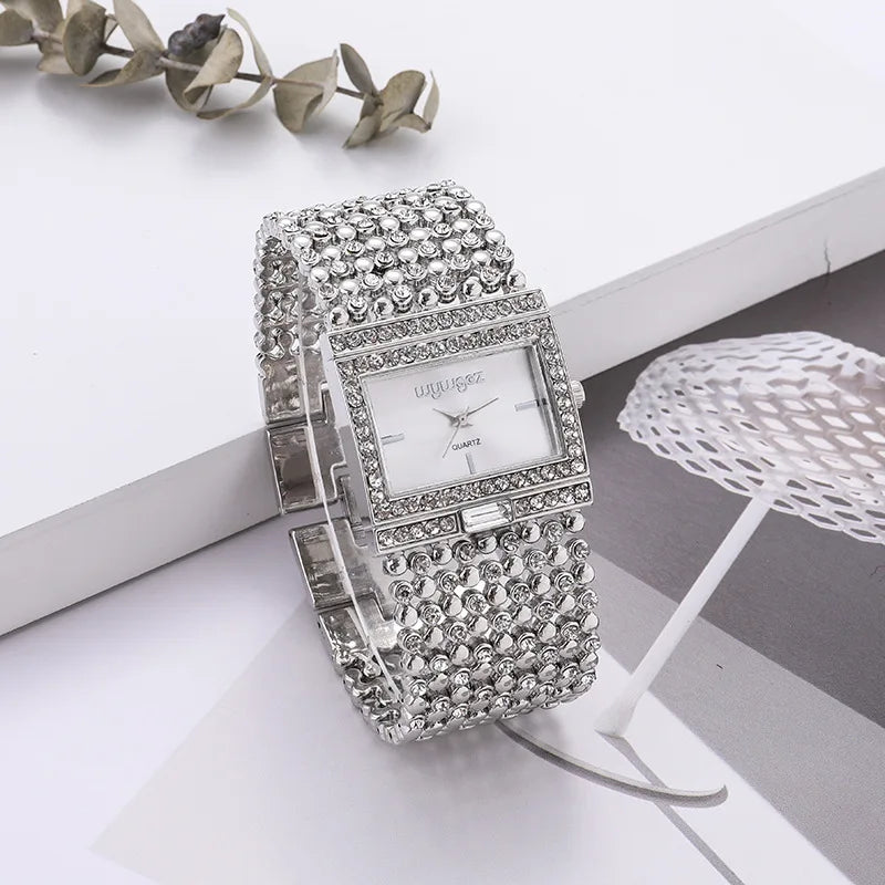 Reloj mujer elegante – esfera cuadrada con cristales y acero inoxidable