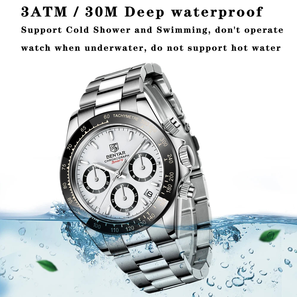 Reloj BENYAR para hombre – cronógrafo deportivo de lujo, resistente al agua y acero inoxidable