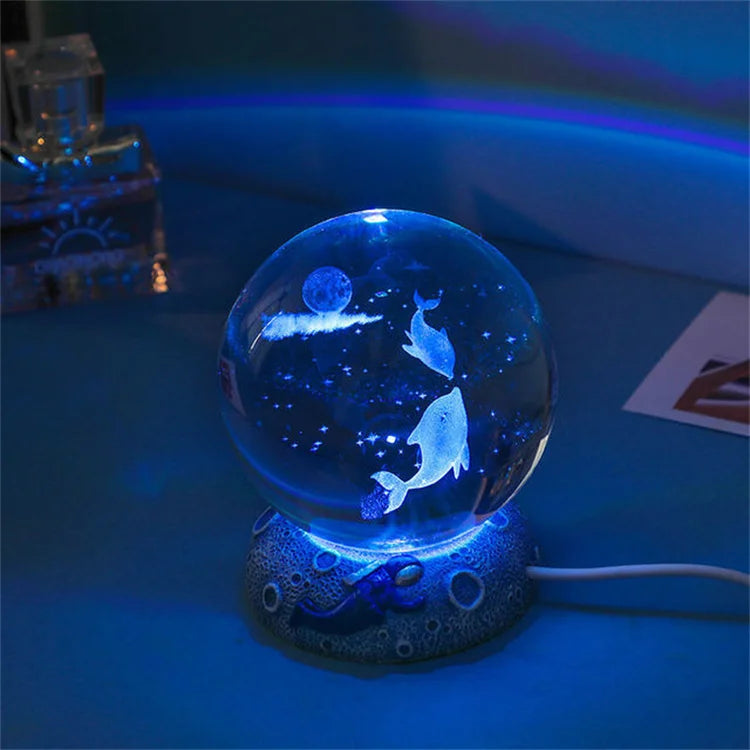 Lámpara 3D de medusa, delfín y más – bola de cristal con base de madera y luz USB