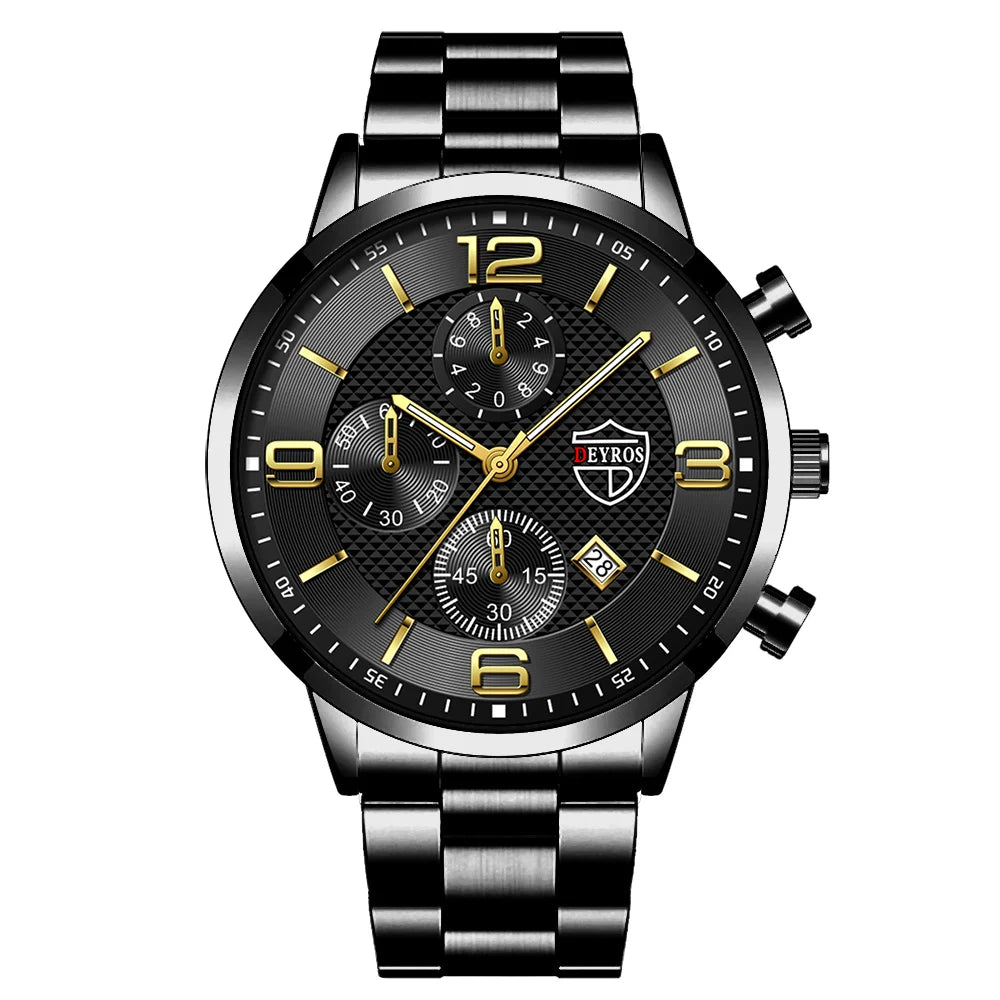 Reloj de lujo hombre – acero inoxidable, cuarzo, calendario y cuero