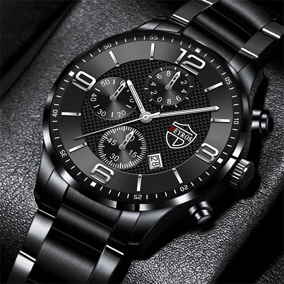 Reloj de lujo hombre – acero inoxidable, cuarzo, calendario y cuero