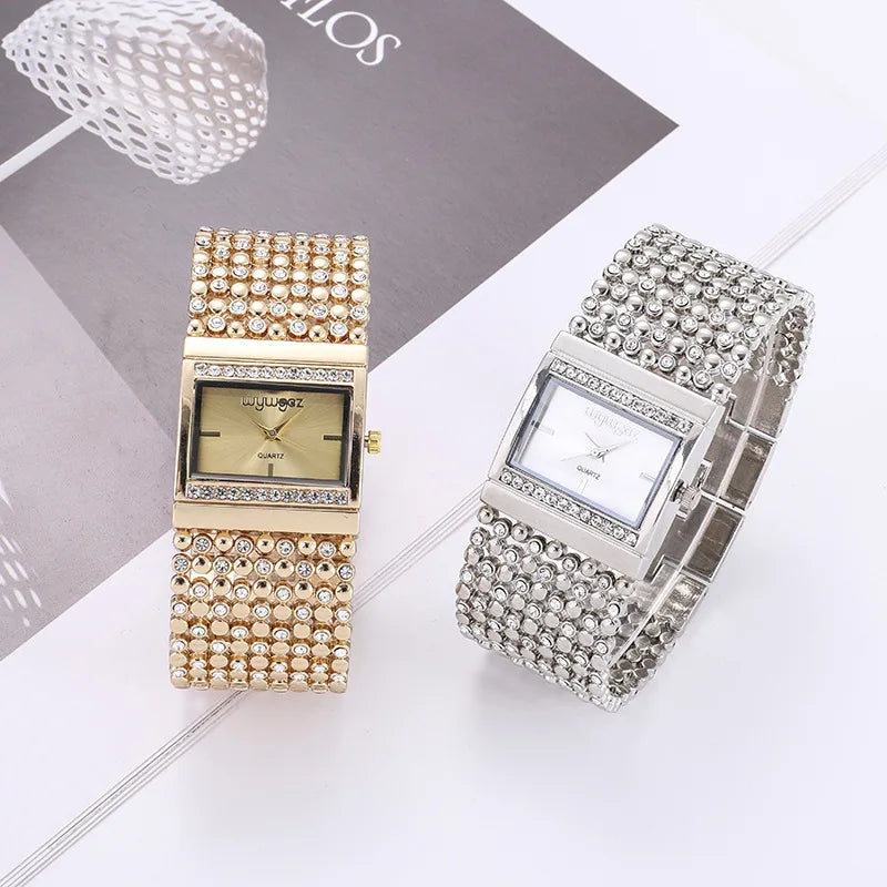 Reloj mujer elegante – esfera cuadrada con cristales y acero inoxidable