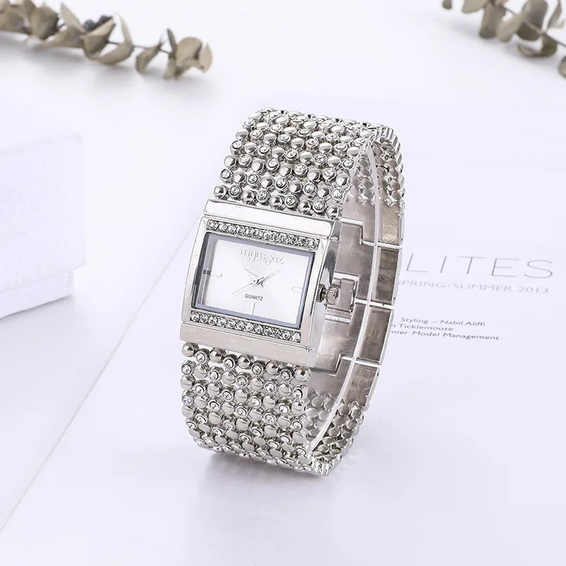Reloj mujer elegante – esfera cuadrada con cristales y acero inoxidable