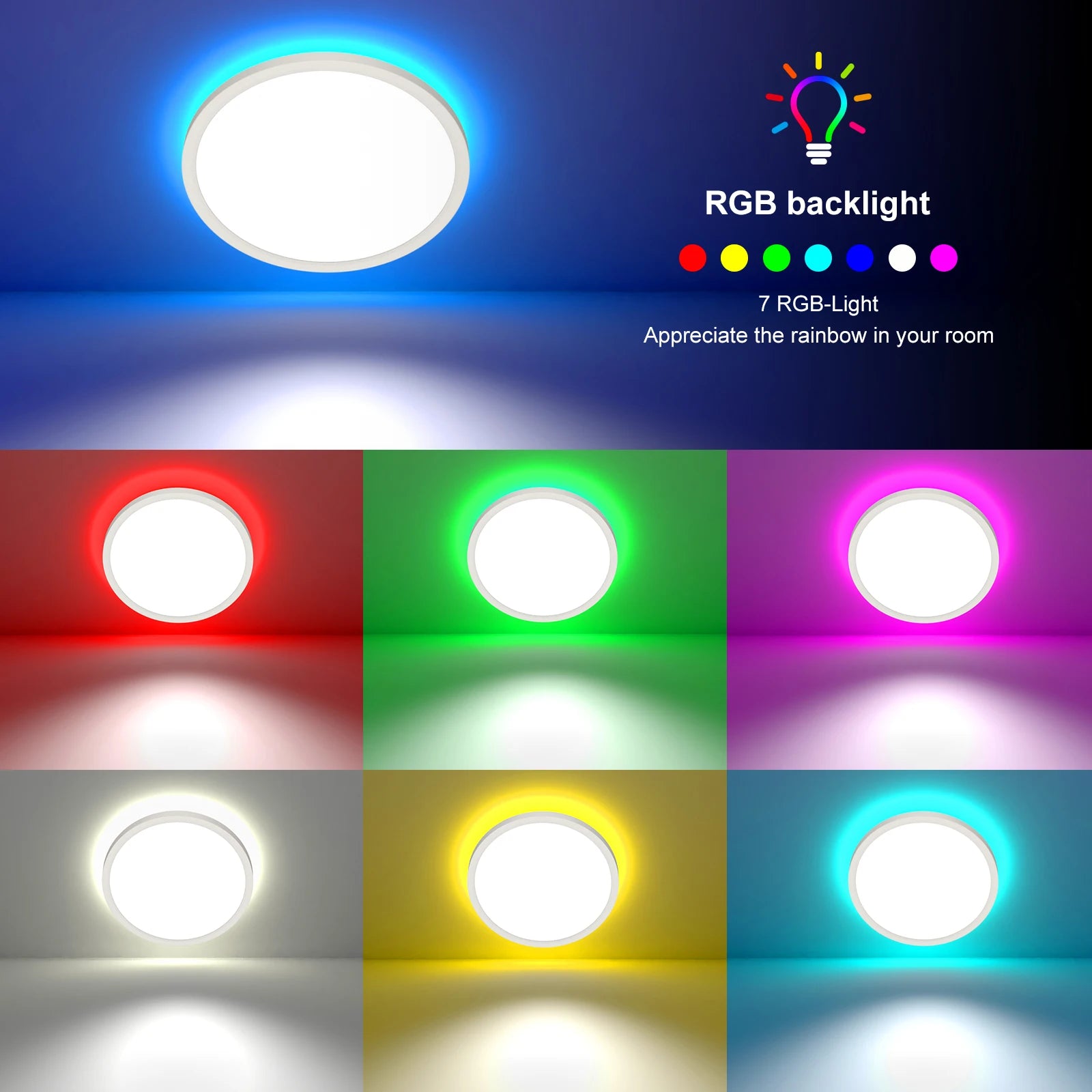 Lámpara de techo RGB ultra fina 24W – dimmer sin escalones, 3000-6500K