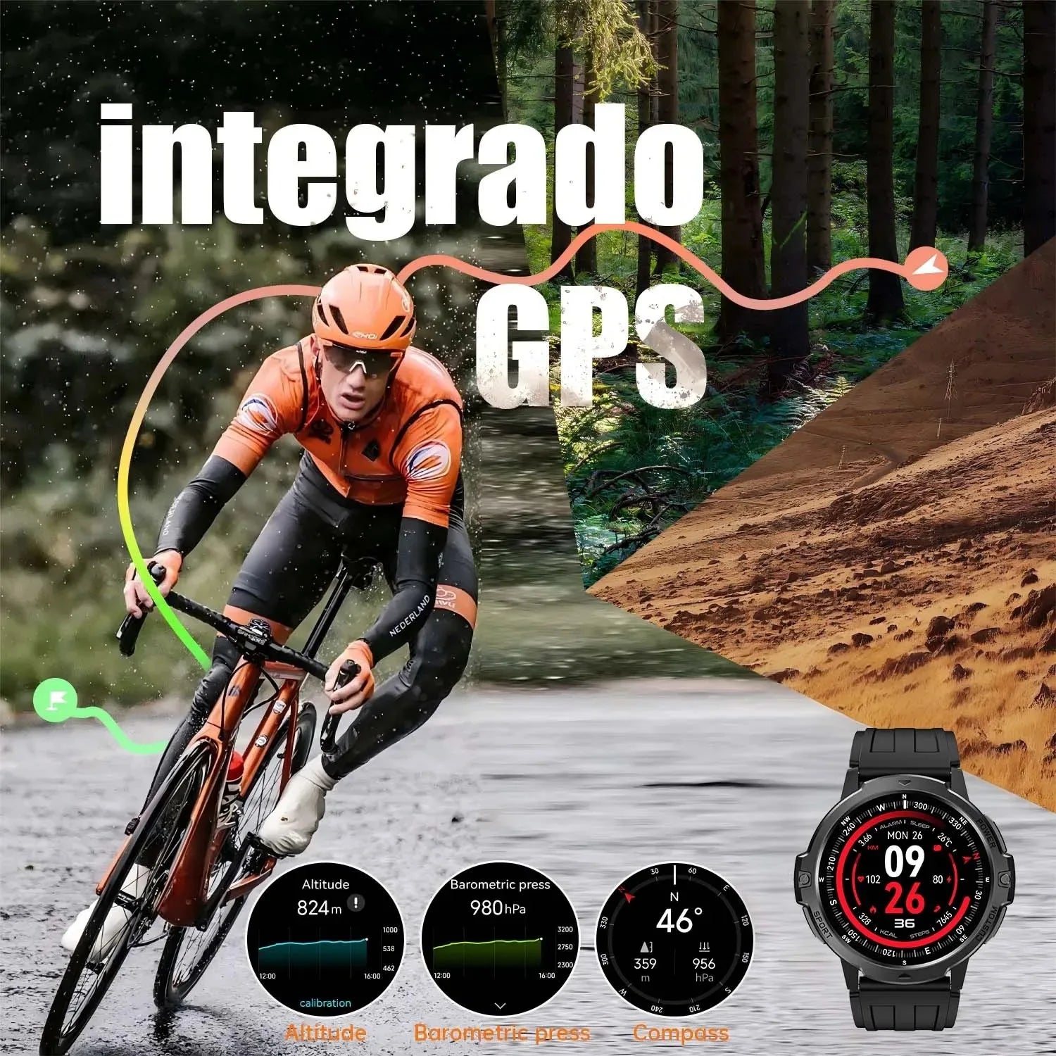 Smartwatch GPS 1.46'' – pantalla AMOLED, brújula, altímetro y batería 580mAh