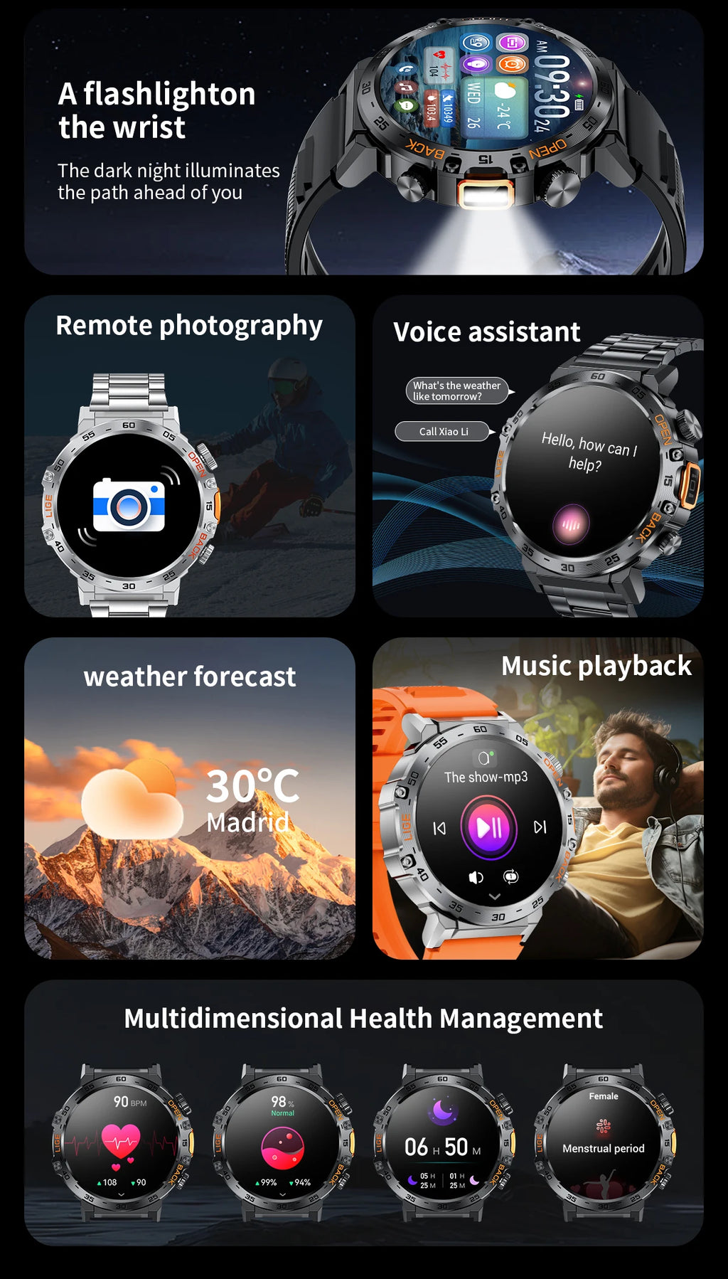 Smartwatch LIGE hombre – pantalla AMOLED HD 360*360, resistente al agua y linterna