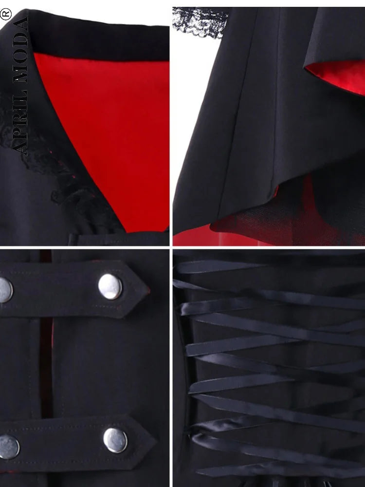 Abrigo mid-length mujer – trench asimétrico con encaje, patchwork y cinturón negro