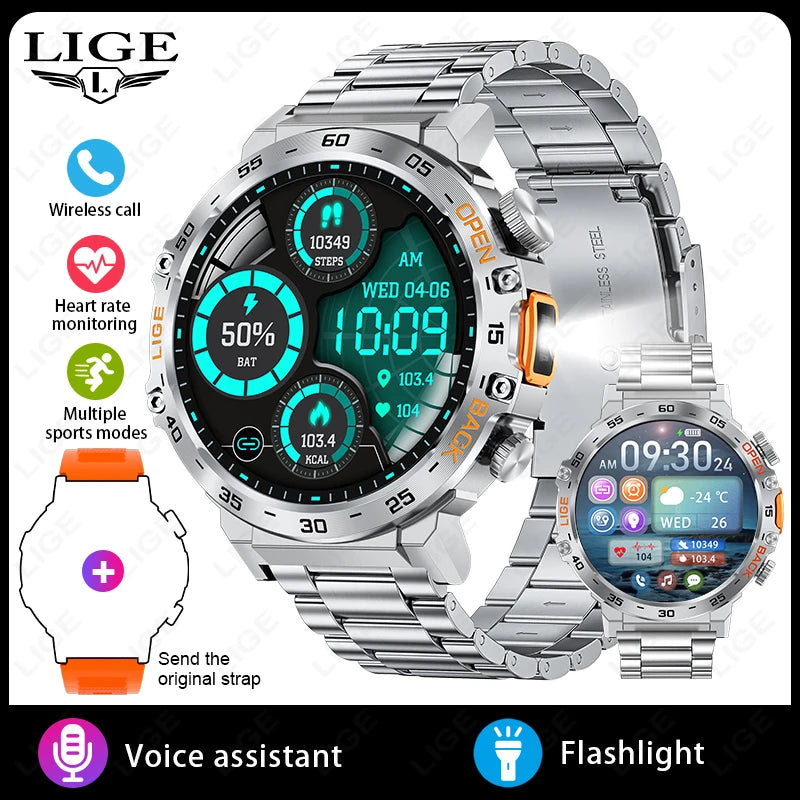 Smartwatch LIGE hombre – pantalla AMOLED HD 360*360, resistente al agua y linterna