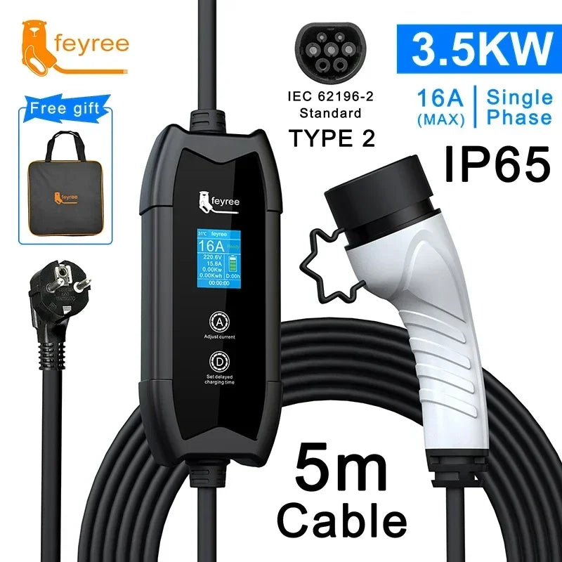 Cargador Feyree EV Tipo 2 16A 3.5kW – cable de 5M compatible GBT y J1772 Tipo 1 para wallbox