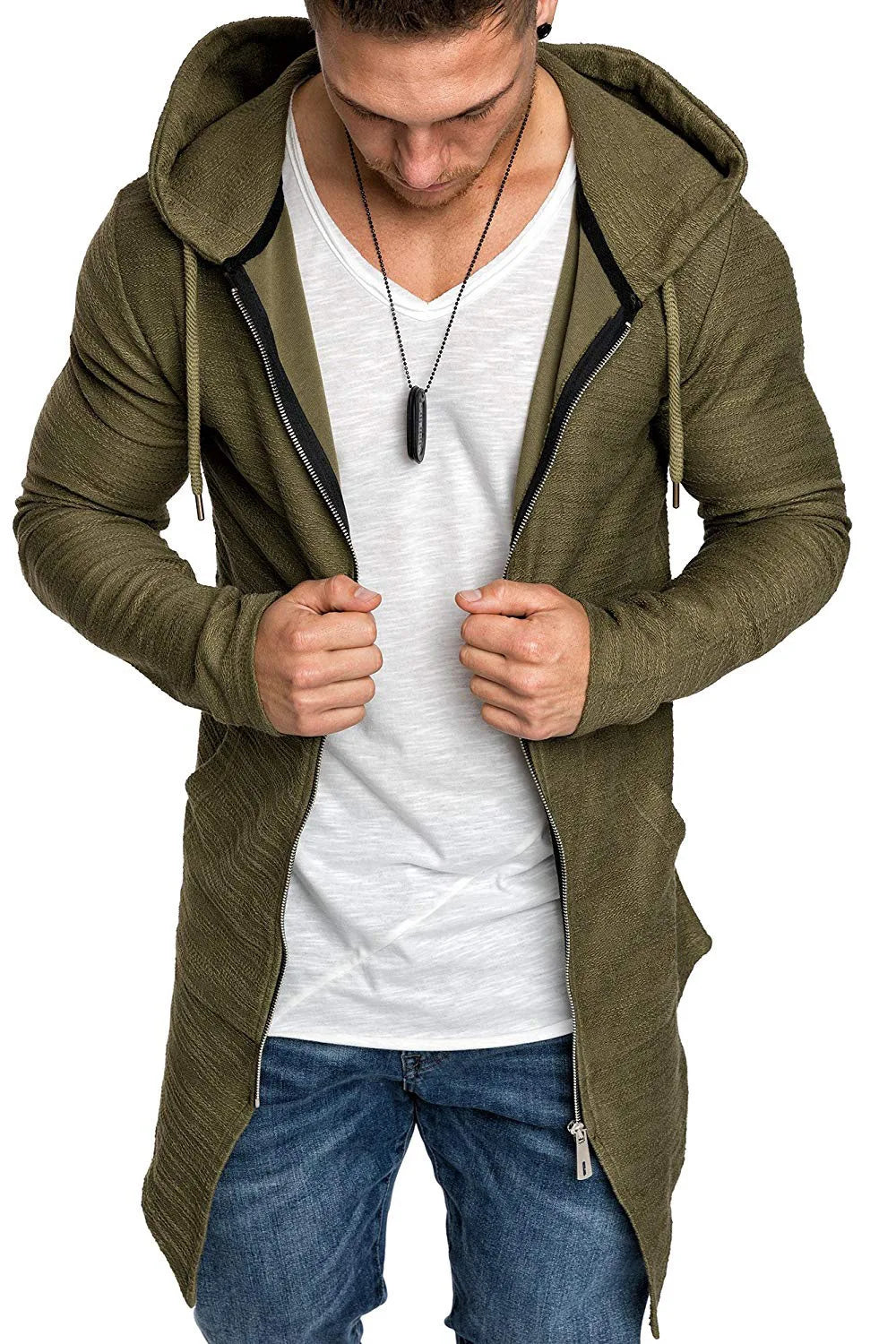 Cortaviento largo con capucha para hombre – moderno y cálido para otoño e invierno