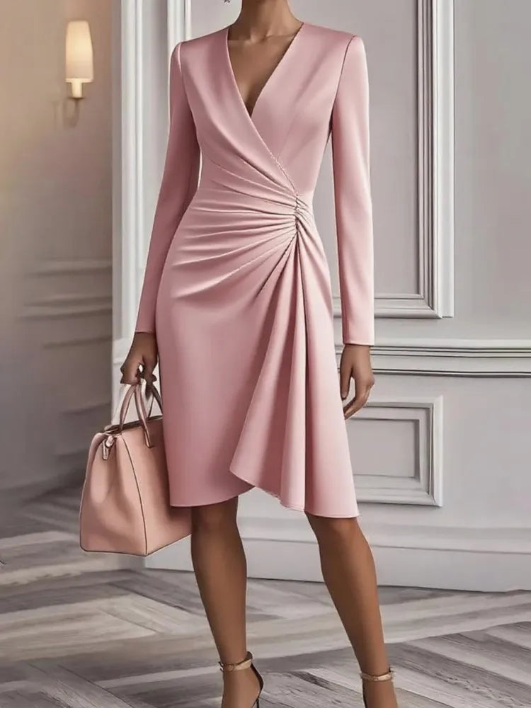 Vestido elegante mujer – escote en V, manga larga y cintura alta suelta