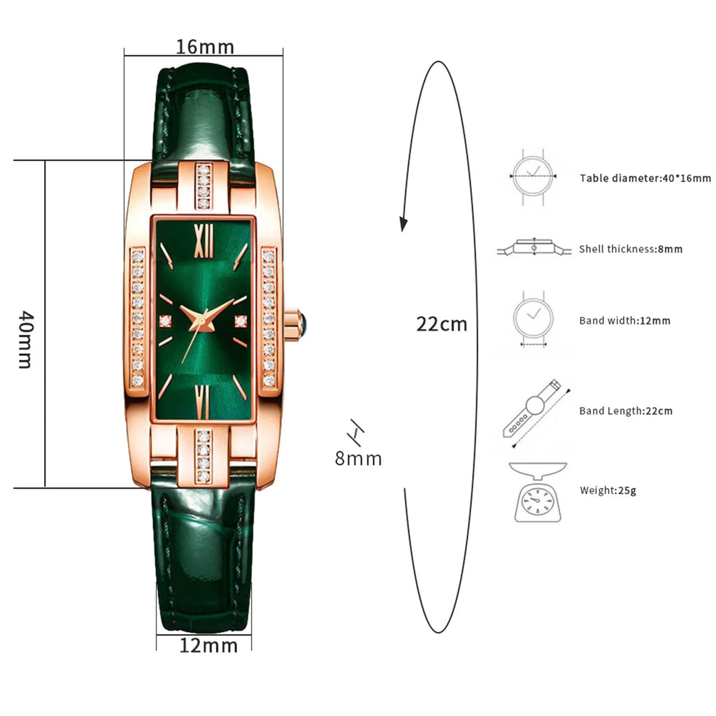 Reloj mujer lujo – diseño rectangular pequeño con cristales verdes y correa de cuero